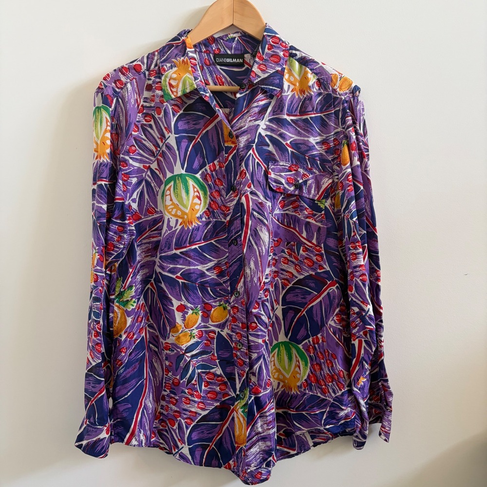 Diane Gilman Womens 100% Silk Tropical Fruit Print Button Down Shirt Purple L